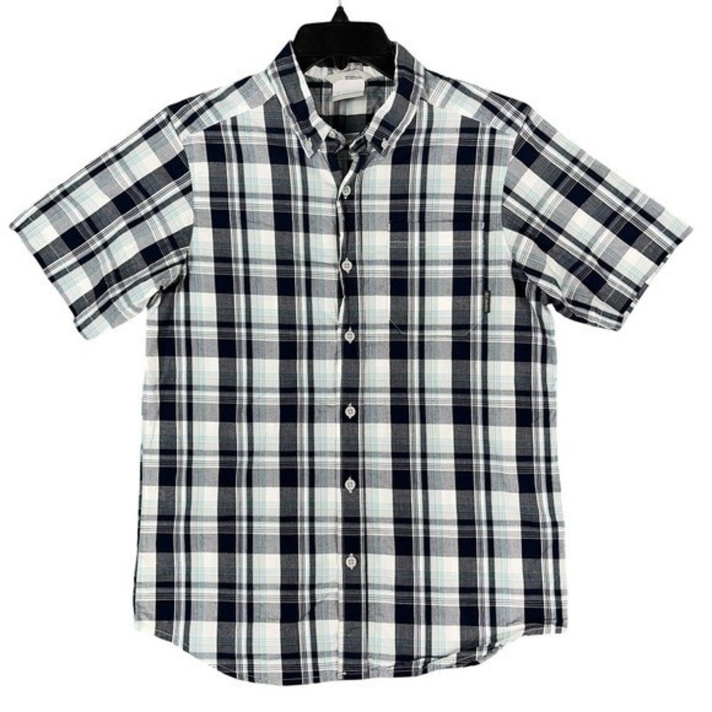 Columbia Active Fit Hiking Plaid Short Sleeve Shirt Mens M Blue White Casual